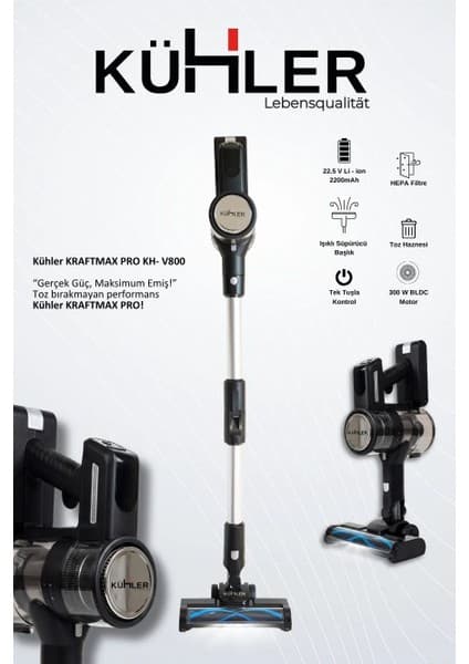 Kühler Kraftmax Pro Kh-V800 Kablosuz Turbo Fırçalı Katlanır Esnek Boru Teknolojisi Dikey Şarjlı Süpürge