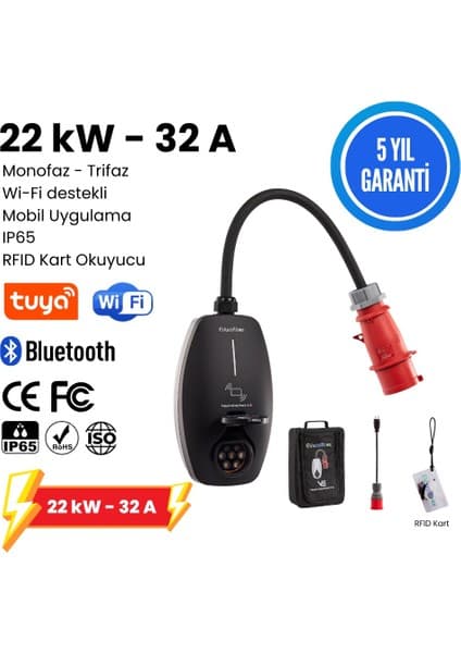 EVwallbox 22KW V3 Türkçe Mobil Uygulama 5 Yıl Garanti Taşınabilir Elektrikli Araç Şarj Cihazı (TAŞIMA ÇANTASI ve 220V DÖNÜŞTÜRÜCÜ PRİZ HEDİYE)