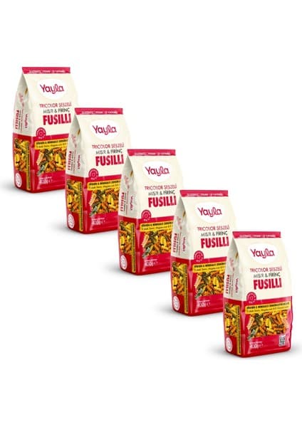 Yayla 3 Renkli Sebzeli Mısır ve Pirinç Fusilli Makarna 400 g x5