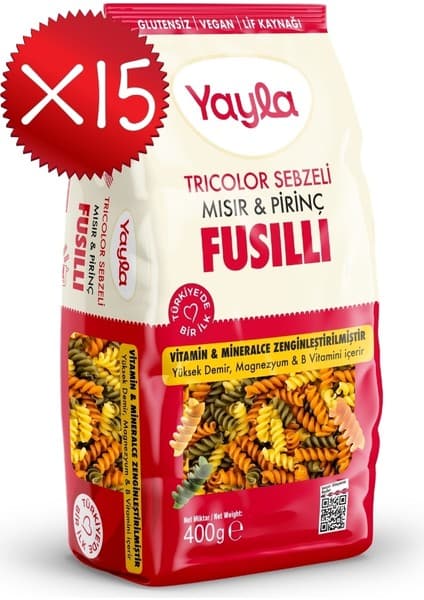 Yayla 3 Renkli Sebzeli Mısır ve Pirinç Fusilli Makarna 400 g x15
