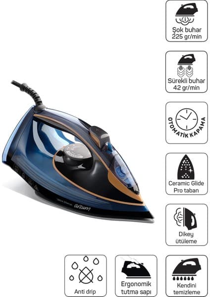 Arzum AR6052 Steamlux Buharlı Ütü Seramik Taban 3000W, 225 Gr/min Şok Buhar, Mavi