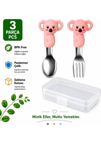 Jojobebek Figürlü Pembe Premium Çocuk Bpa Free Silikon Saplı Paslanmaz Çelik Uçlu Çatal-Kaşık, (9+ Ay)