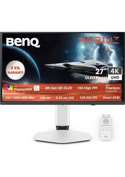 BenQ Mobiuz EX271UZ 27'' OLED 4K 240Hz 0,03ms HDMI DP USB-C 90W FreeSync HDR400 Oyun Monitörü