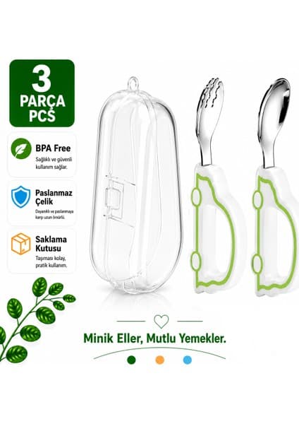 Jojobebek Yeşil Figürlü Premium Çocuk Bpa'sız Silikon Saplı Paslanmaz Çelik Uçlu Çatal-Kaşık/saklama Kutusu