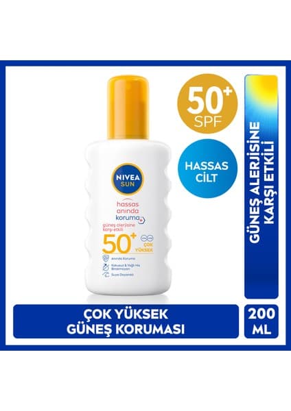 Nivea SUN SPF50 Hassas Ciltler İçin Güneş Koruyucu Sprey 200ml, Suya Dayanıklı, Güneş Alerjisine Karşı Etkili, Kokusuz
