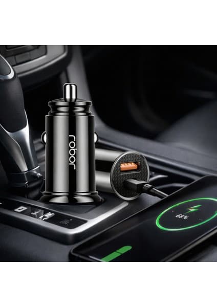 Robor R215 Araç Şarj Cihazı - 20W Hızlı Şarj, USB ve Pd Type-C Bağlantı, Qualcomm Quick Charge, Kompakt Tasarım, Dayanıklı Yapı, Tak ve Çalıştır Özelliği - Siyah