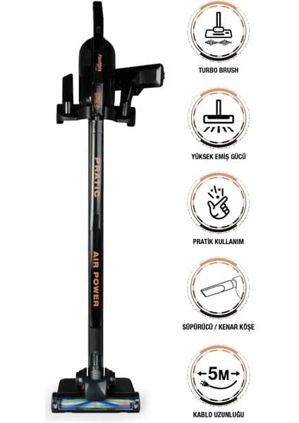 Fantom Pratic Aır Power P 1250 Siyah Torbasız Dönebilen Turbo Başlıklı Dikey Süpürge