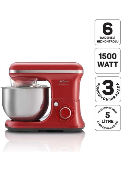 Arzum AR1189 Crust Mix Lite Stand Mikser 1500W, 5L Hazneli Hamur Yoğurma, 3 Aparat, Kırmızı