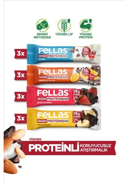 Fellas Yüksek Protein Bar (45 g) Karma Kutu - 12 Adet (4 Çeşit)
