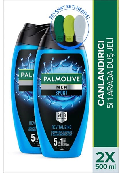 Palmolive Men Sport 5i1 Arada Canlandırıcı Duş Jeli 500 ml x2 Ferahlatıcı Turunçgil Kokusuyla + Seyahat Kiti Hediye