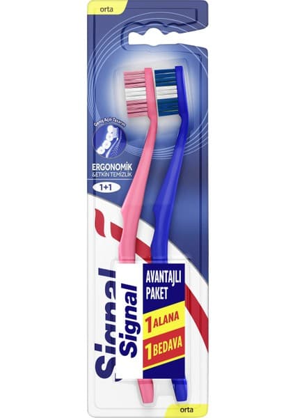 Signal Ergonomik Geniş Açılı Tasarım 2'li Diş Fırçası Orta Sertlikte Fırça Kılı ile Etkili Temizlik