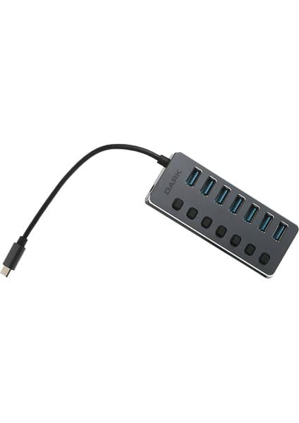 Dark 7 Port USB 3.0 Hub, Bağımsız Aç/Kapa Port, Harici Adaptörlü USB Çoklayıcı Type-C HUB (DK-AC-USB371C)
