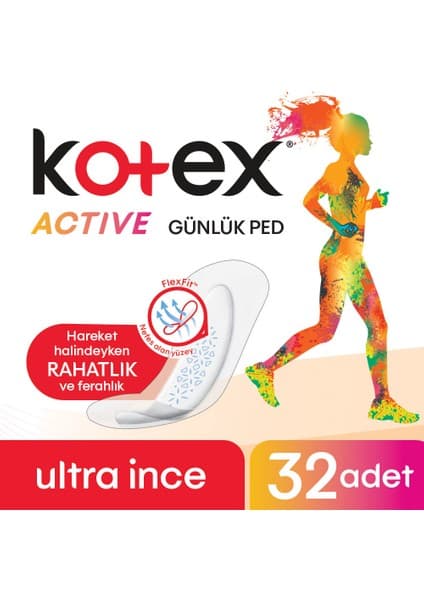 Kotex Active Ultra İnce Günlük Ped 32 Adet Flexfit Teknolojisi ile Konforlu Kullanım