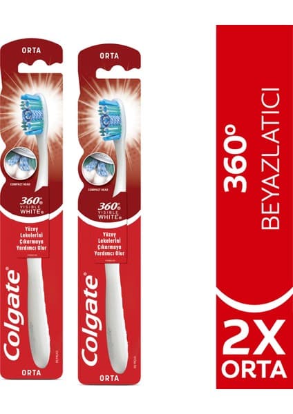 Colgate 360 Visible White Orta Diş Fırçası x 2'li Compact Başlı Orta Sertlikte Fırça