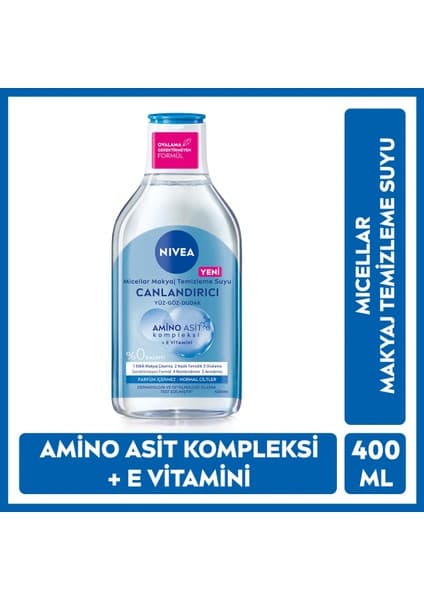 Nivea Canlandırıcı Micellar Makyaj Temizleme Suyu 400ml, Amino Asit, E Vitamini, Nemlendirici, Normal Cilt
