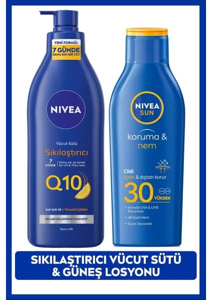 Nivea SUN Güneş Koruyucu Nemlendirici Losyon SPF30 200ml, Q10 Sıkılaştırıcı Vücut Sütü 400ml, C Vitamini