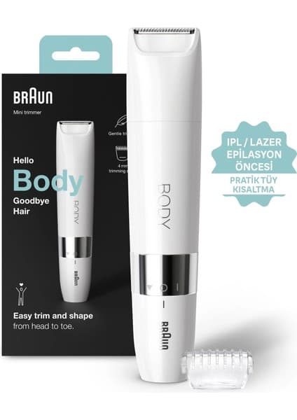 Braun Body Mini Trimmer BS1000 Vücut Tüy Kesme Makinesi + Düzeltici Tarak, Pil ve Temizleme Fırçası