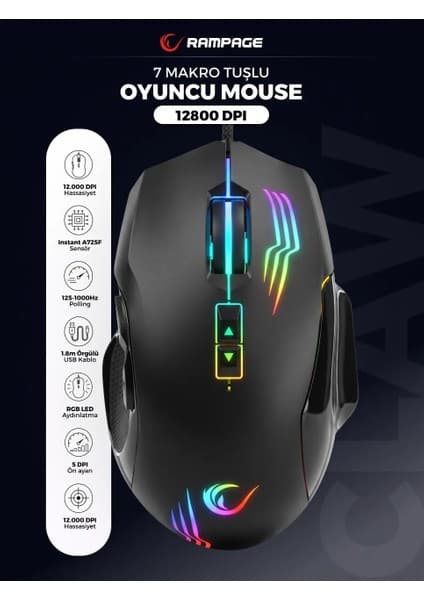Rampage SMX-G38 Claw USB 8 Makro Tuşlu 7200DPI Rgb Ledli Oyuncu Mouse