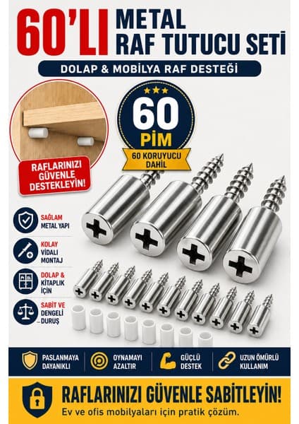 Open City 60'lı Metal Raf Tutucu Pimi ve Beyaz Koruyucu Kapak Dolap Kitaplık Mobilya Raf Destek Seti 120 Parça