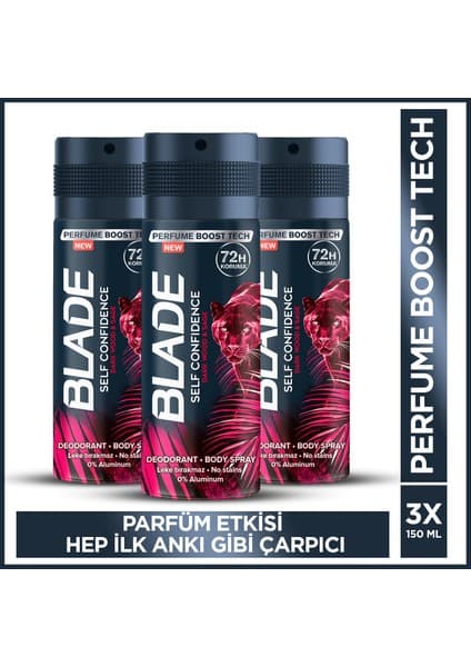 Blade Erkekler İçin Blade Self Confidence 3x150 Ml Alüminyumsuz Deodorant Hızla Kurur Leke Bırakmaz