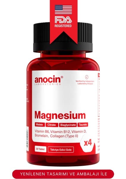 anocin Magnezyum X4 Complex Citrate, Taurate, Bisglycinate, Malate + Bromelain + Kolajen