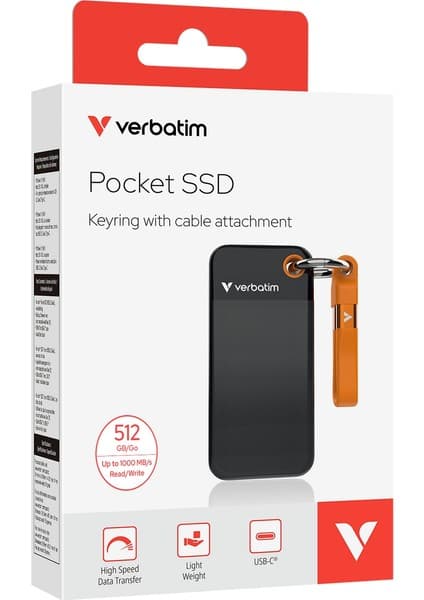 Verbatim 512GB Pocket Mini Taşınabilir SSD USB 3.2 - 1000MB/S-1000MB/S Siyah/turuncu Kablo Dahil (32285)