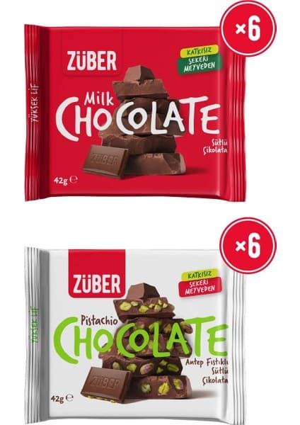 Züber Antep Fıstıklı Sütlü Çikolata 42G x 6 Adet + Sütlü Çikolata 42G x 6 Adet