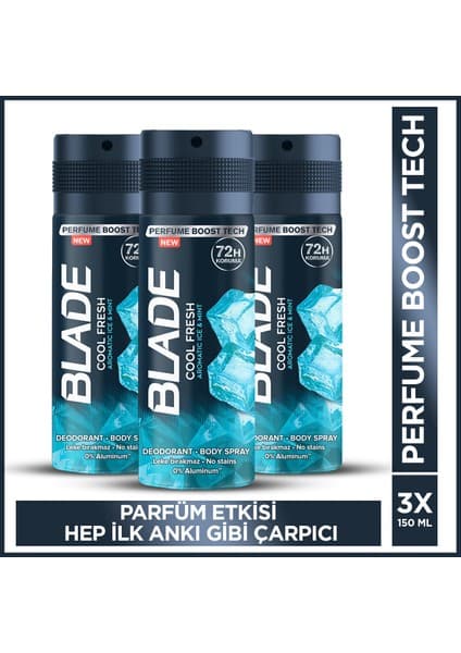 Blade Cool Fresh Erkek Alüminyumsuz Deodorant 3x150 Ml Hızlı Kurur, Leke Bırakmaz