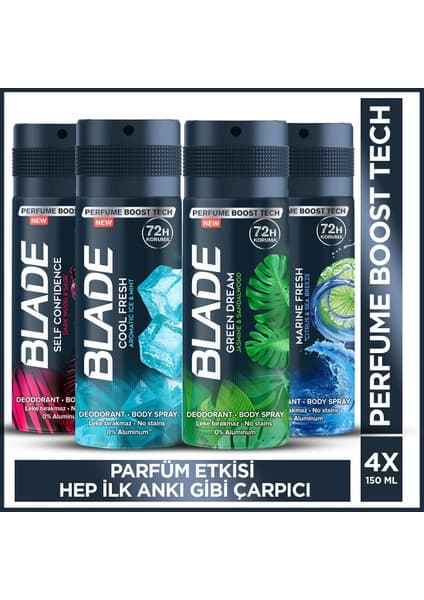 Blade Erkek Alüminyumsuz Deodorant 4x150 Ml (Self Confidence-Green Dream-Marine-Cool Fresh)