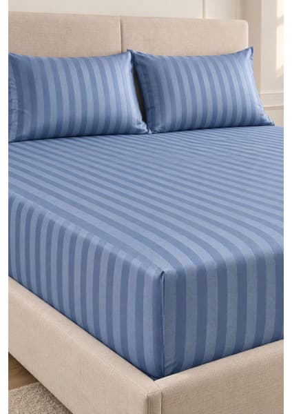 Varol %100 Pamuk Saten Stripe Battal Boy (King Size) Lastikli Çarşaf Takımı – 30 cm – 2 Yastık Kılıfı – 180X200 - Indigo