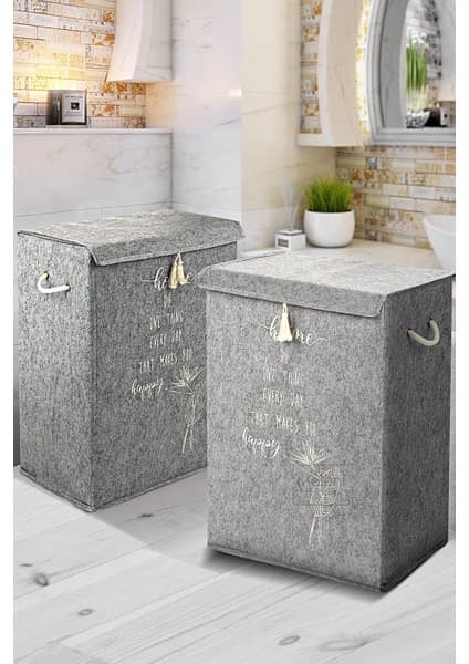 Meleni Home 2'li Set Keçe Kapaklı Kirli Çamaşır Sepeti - Çok Amaçlı Saklama Kutusu Mega Hurç 55 x 41 x 30 cm