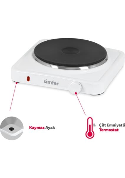 Simfer Hp1500w Beyaz Hot Plate Tek Gözü Elektrikli Ocak (Çift Emniyetli Termostat , 1500W Krom Çember)