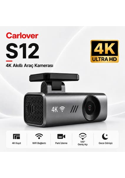 Carlover S12 4K Araç Kamerası 2160P Geniş Açı 145° Wi-Fi Özellikli Gece Görüşlü (Hafıza Kartı Dahil Değildir)