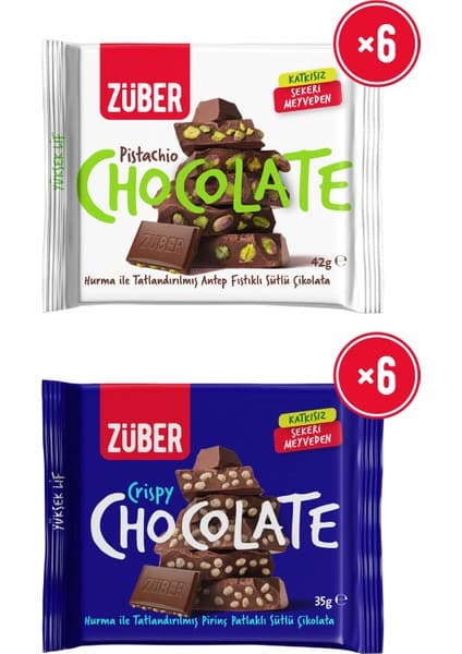 Züber Antep Fıstıklı Sütlü Çikolata 42G x 6 Adet + Pirinç Patlaklı Sütlü Çikolata 35G x 6