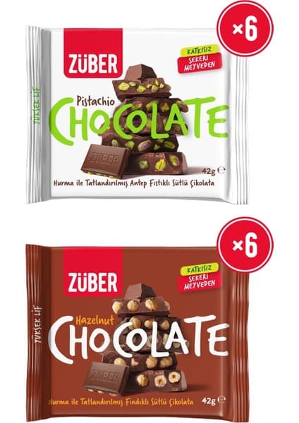 Züber Antep Fıstıklı Sütlü Çikolata 42G x 6 Adet + Fındıklı Sütlü Çikolata 42G x 6 Adet