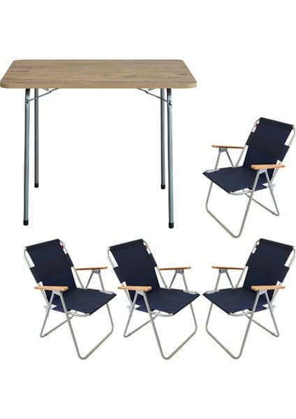 Bofigo 60X80 Çam Katlanır Masa + 4 Adet Katlanır Sandalye Kamp Seti Bahçe Balkon Takımı Lacivert